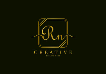 Initial RN Letter Golden Square Signature, Luxury Logo.