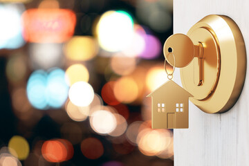 Opening door with golden house key chain on blurry bokeh background and mock up place for your advertisement. Home purchase concept. 3D Rendering.