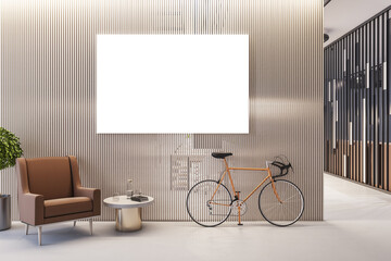 Modern hipster office interior with bike, empty frame on partition wall and furniture. Mock up, 3D...
