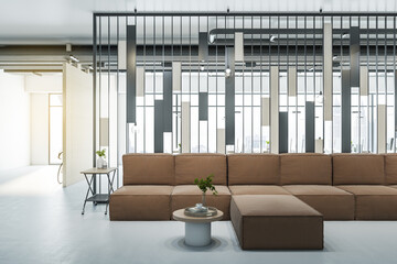 Modern office lobby interior with big couch, city view and daylight. 3D Rendering.