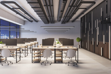 Modern corporate coworking office interior with equipment, furniture, city view at night time. 3D Rendering.