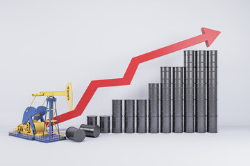 Oil pump and barrels with rising red arrow on white background. Market and economy concept. 3D...