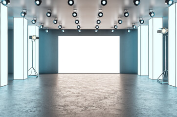 Modern glowing exhibition hall blank banner stage in concrete interior. Museum and gallery concept....