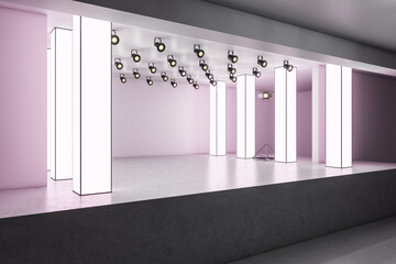 Side view of contemporary glowing exhibition hall stage in concrete interior. Museum and gallery concept. 3D Rendering.