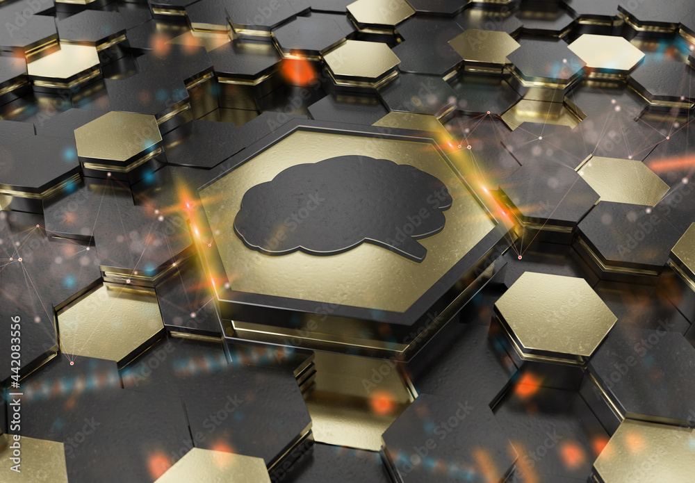 Fototapete brain icon concept engraved on gold hexagonal pedestral background. artificial intelligence symbol g