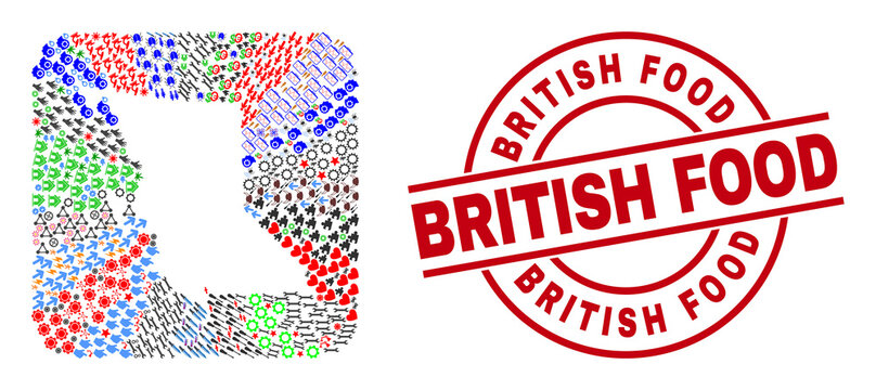 Vector Mosaic British Columbia Map Of Different Icons And British Food Stamp. Mosaic British Columbia Map Designed As Subtraction From Rounded Square Shape. Red Round Seal With British Food Tag.