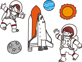 スペースシャトルと宇宙服を着た子供のイラスト © zstockill