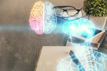 Double exposure of man wearing VR glasses drawing and mobile phone background. Concept of AR, reality