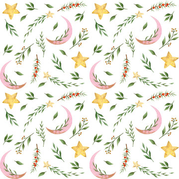 Watercolor seamless pattern with leaves, moon and star. Herbal background.