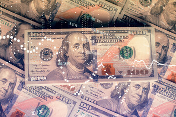 Double exposure of data theme drawing over us dollars bill background. Technology concept.