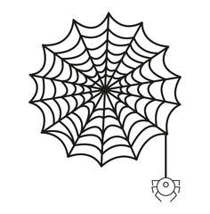 Spideweb linear icon. Halloween line art. Isolated black net with spider on white background. Web with spider logo for your halloween cards. 