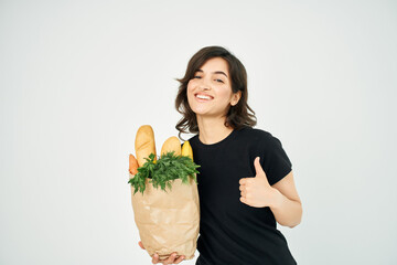 cheerful brunette food bag healthy food supermarket