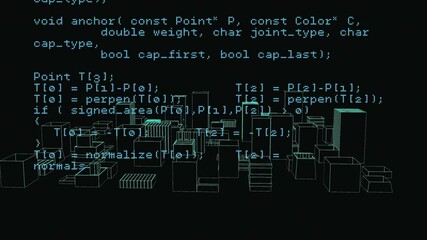 Animation of digital data processing over 3d cityscape spinning - Powered by Adobe