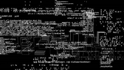 Animation of digital data processing over 3d cityscape spinning - Powered by Adobe