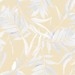 Gordijnen Foliage seamless pattern, white leaves on bright yellow © momosama