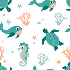 Fototapeta na wymiar Sea marina pattern with ocean animals. Vector sea horse 