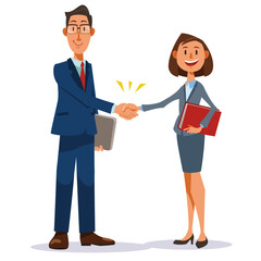 Two young businesspeople shaking hands with smile. A man with a laptop and a woman with a file shake hands. Vector illustration in flat cartoon style.