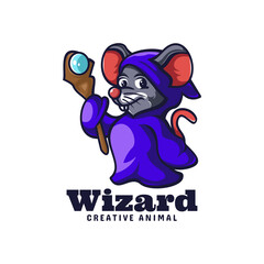 Vector Logo Illustration Wizard Mouse Mascot Cartoon Style.