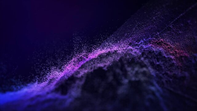 3D animation of pink, lila and purple colored sand reacting to the sound waves of the bass in the music during a concert. Close up with beautiful bright colors against a black background.