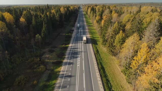 Aerial forward above wagon trucks driving by beautiful straight asphalt road highway rote way through autumn picturesque spruce yellow forest Europe Karelia Norway. Transportation logistics delivery