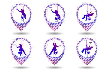 Industrial climber, alpinism. Colored silhouette. Logo, sign. Geolocation sign