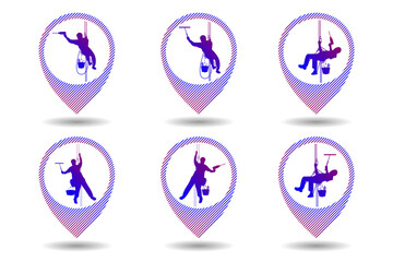 Industrial climber, alpinism. Colored silhouette. Logo, sign. Geolocation sign