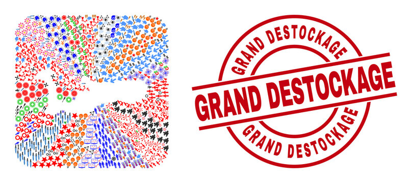 Vector collage Grand Cayman Island map of different symbols and Grand Destockage stamp. Collage Grand Cayman Island map constructed as carved shape from rounded square.