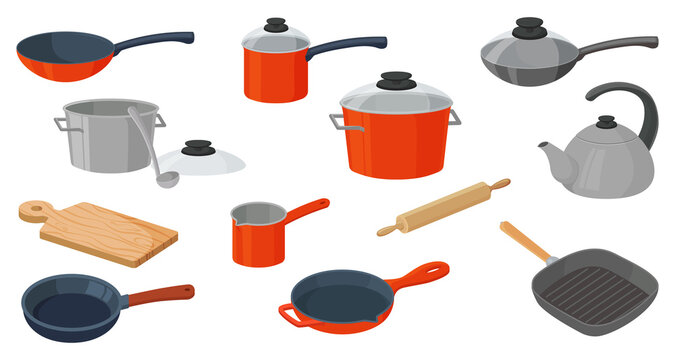 A set of kitchen utensils.Vector images of various frying pans,teapot, saucepan, saucepan, chopping board, rolling pin and grill.The illustrations are isolated on a white background.