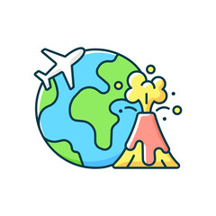 Disaster travel RGB color icon. Extreme journey for adrenaline. Volcano eruption exploration. Visit foreign country. Isolated vector illustration. Tourism industry category simple filled line drawing