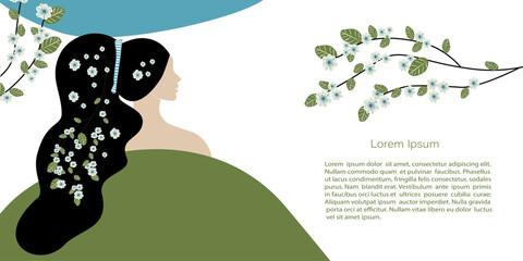 Cute abstract  illustrations people and spring and summer. Girl and flowers. Vector Template with copy space for invitation, cards or banner and  poster, Landing Page