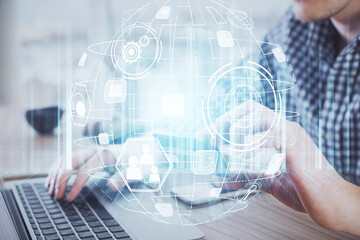 Double exposure of man hands holding a credit card and social network theme drawing. Digital finance and E-commerce concept.