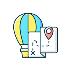 Hot air balloon tourism RGB color icon. Flight journey. Fly high in basket. Tour plan for entertainment. Isolated vector illustration. Travel industry category simple filled line drawing