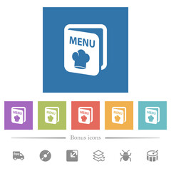 Menu with chef hat flat white icons in square backgrounds