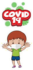 Covid-19 font design with a boy wearing medical mask on white background
