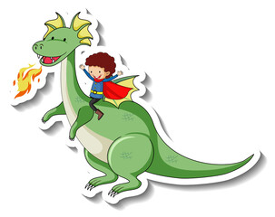 Sticker template with superhero boy riding a fantasy dragon cartoon character