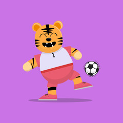 Illustration vector graphic cartoon of cute tiger as football player kick the ball. Childish cartoon design suitable for product design of children's books, t-shirt etc