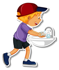 A sticker template with a boy washing hands