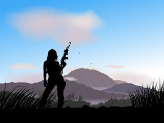 Girl with weapons in her hands. Sky, mountains, trees. Colorful vector image.