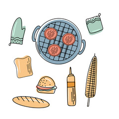 Barbecue grill hand drawn elements set isolated on white background. For the design of the menu of cafes and restaurants, shop windows related to the theme of grilled food. © Katisko