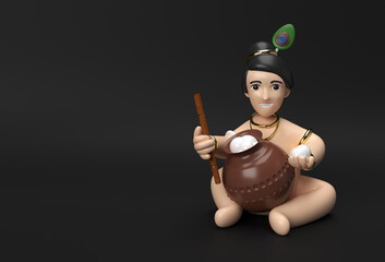 Little cartoon Krishna with a pot of butter. 3D Render illustration.