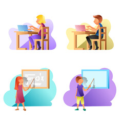 Set of people man or woman working behind desk with notebook and teacher in front of chalkboard or digital school board isolated vector graphic 