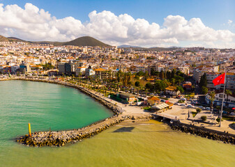 Obraz premium View from drone of large resort town of Kusadasi on Turkey Aegean coast on sunny day, Aydin Province