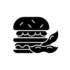 Soy burger black glyph icon. Patty made from organic vegetables. Vegeterian type of popular foods. Healthy sybeans based meals cooking. Silhouette symbol on white space. Vector isolated illustration