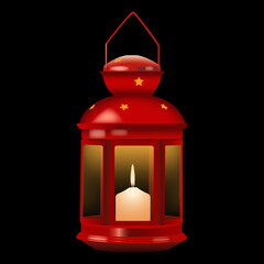 Vintage Christmas red lantern with a burning candle on a dark background. Vector illustration, isolated object.