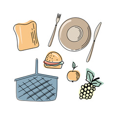 Barbecue grill hand drawn elements set isolated on white background. For the design of the menu of cafes and restaurants, shop windows related to the theme of grilled food. © Katisko