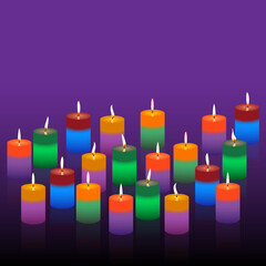 Set of colorful realistic burning candles, vector isolated image.