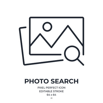 Photo search editable stroke outline icon isolated on white background flat vector illustration. Pixel perfect. 64 x 64.