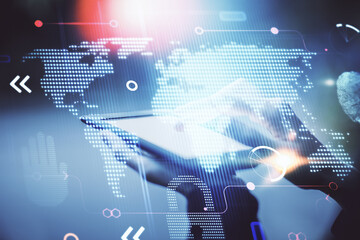 Double exposure of map sketch hologram and woman holding and using a mobile device.