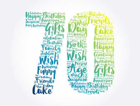Happy 70th birthday word cloud, holiday concept background
