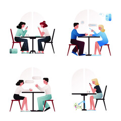 Set of Young People Sitting Next to Each Other in Cafe Drinking, Eating Pancakes and Talking, Listening to the Music on Isolated Background. Fashion & Business Concept. Website Template. Landing Page.